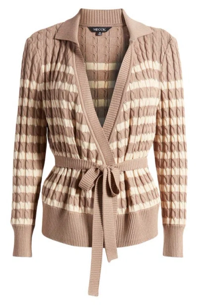 Misook Striped Cable Knit Wrap Cardigan In Macchiato/biscotti