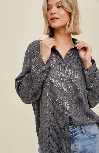 Wishlist Sequin Button-up Blouse In Grey