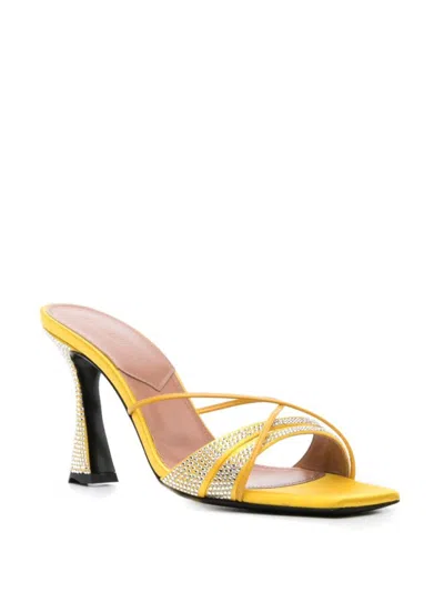 D’accori Yellow Slip-on Sandals With All-over Rhinestone In Yellow