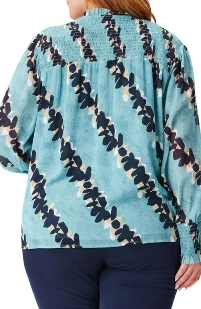Nic + Zoe Rolling Reef Print Tie Neck Top In Aqua Multi