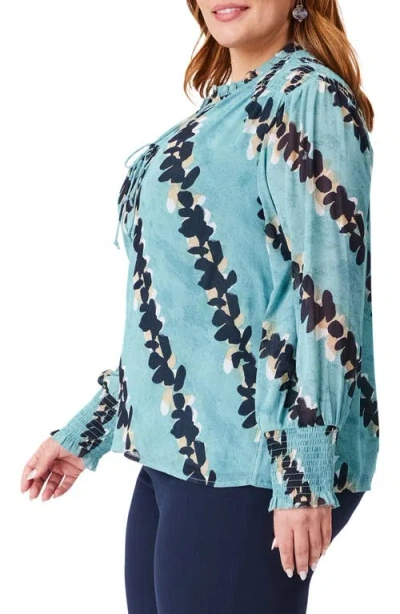 Nic + Zoe Rolling Reef Print Tie Neck Top In Aqua Multi