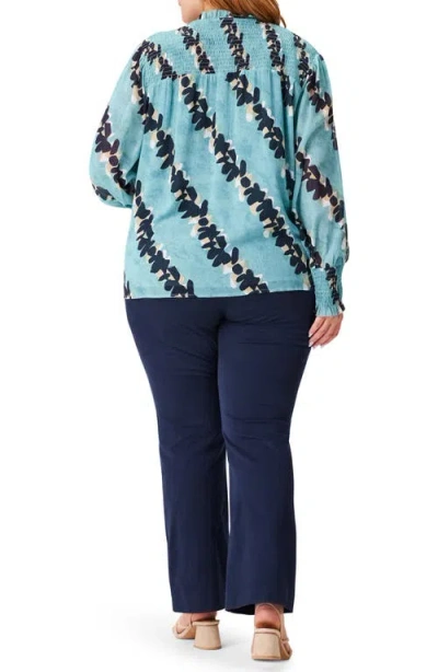 Nic + Zoe Rolling Reef Print Tie Neck Top In Aqua Multi
