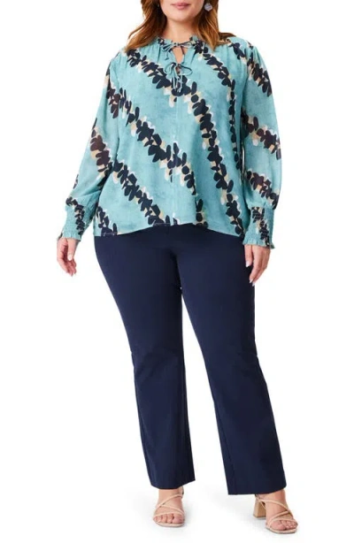 Nic + Zoe Rolling Reef Print Tie Neck Top In Aqua Multi