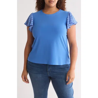 Cece Women's Mixed-media Flutter-sleeve Knit Top In Tropic Night Blue