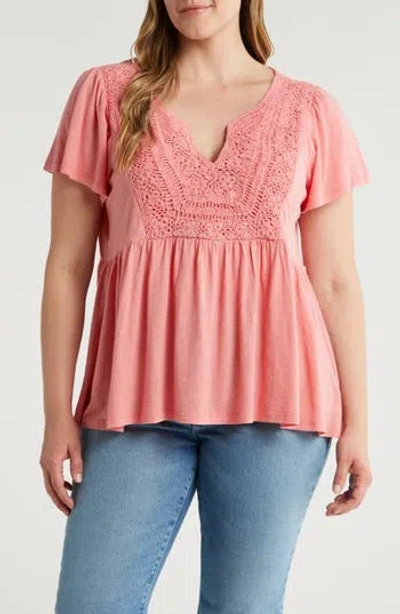Lucky Brand Crochet Yoke Babydoll Top In Peach Blossom