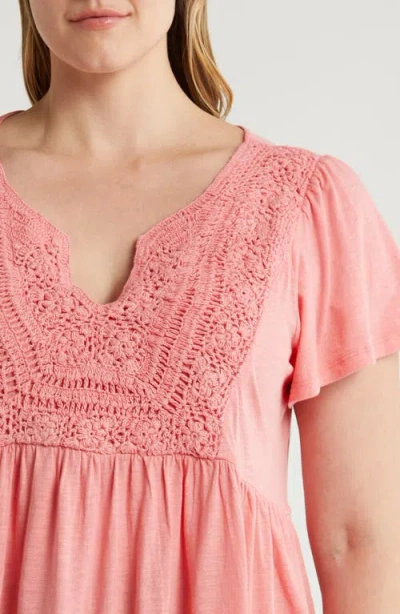 Lucky Brand Crochet Yoke Babydoll Top In Peach Blossom