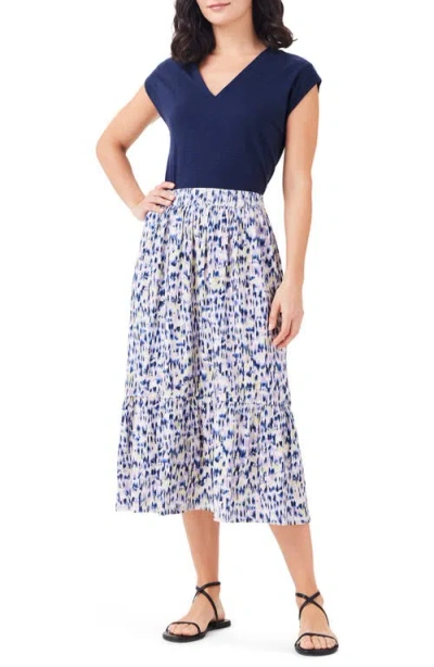 Nzt By Nic+zoe Abstract Ikat Tiered Midi Skirt In Indigo Multi