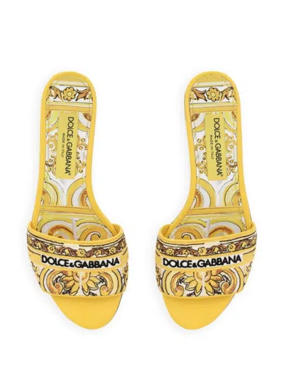 Dolce & Gabbana Yellow Sliders With Embroidered Majolica Pattern In Cotton And Leather Woman In Yellow