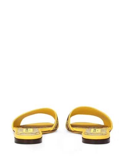 Dolce & Gabbana Yellow Sliders With Embroidered Majolica Pattern In Cotton And Leather Woman In Yellow