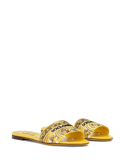 Dolce & Gabbana Yellow Sliders With Embroidered Majolica Pattern In Cotton And Leather Woman In Yellow