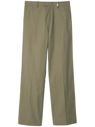 Shop Burberry Khaki Trousers With Logo In Green