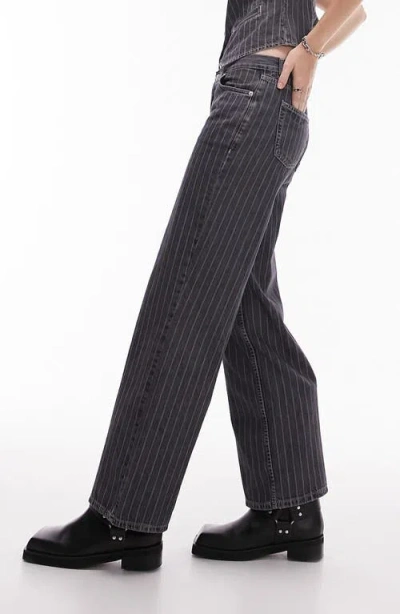 Topshop Ember Low Wide Pinstripe Jeans In Washed Black - Part Of A Set In Black