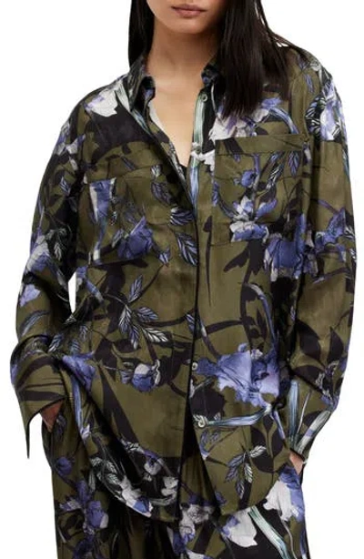 Allsaints Eve Floral Print Shirt In Deep Khaki Green