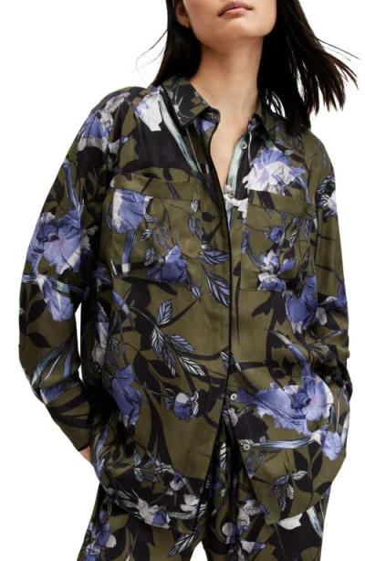 Allsaints Eve Floral Print Shirt In Deep Khaki Green
