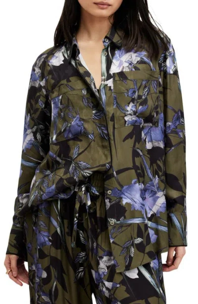 Allsaints Eve Floral Print Shirt In Deep Khaki Green