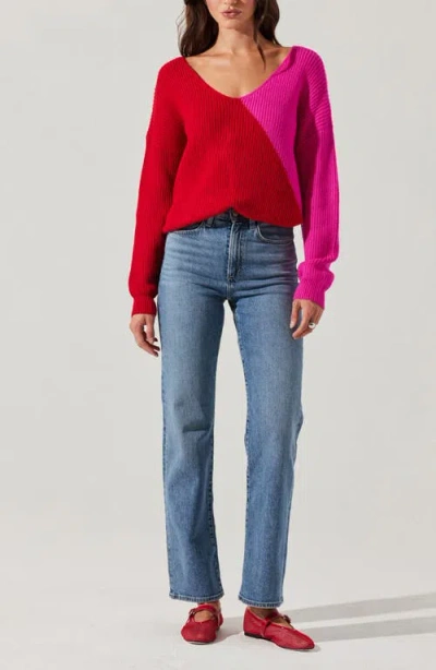 Astr The Label Two-tone Twist Sweater In Red Pink Contrast