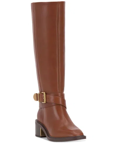 Shop Vince Camuto Gini Wide-calf Buckled Knee-high Riding Boots In Whiskey