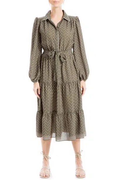 Max Studio Floral Tie Front Shirtdress In Dk Olv Rng Rnd Spots