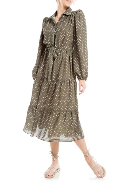 Max Studio Floral Tie Front Shirtdress In Dk Olv Rng Rnd Spots