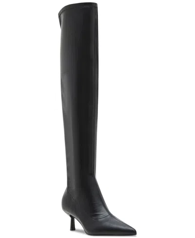 Madden Girl Deserai Wide Calf Over-the-knee Kitten Heel Boots In Black Smooth