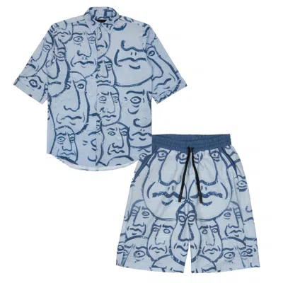 Mysimplicated Men's Blue Short Sleeve Shirt And Bermuda Set With Faces Design - Recycled Fabric In Blue