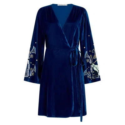 Hope & Ivy Women's Blue The Cecile Embellished Velvet Mini Wrap Dress With Bell Sleeves In Blue
