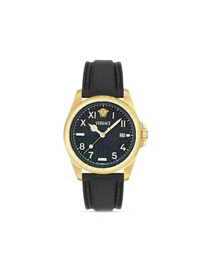 Versace Men's Swiss Black Leather Strap Watch 41mm In 黑色