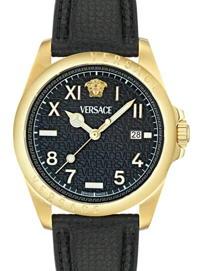 Versace Men's Swiss Black Leather Strap Watch 41mm In 黑色