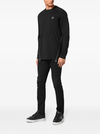 Philipp Plein Quilted-panel Cotton Sweatshirt In 黑色