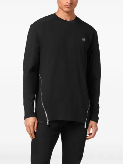 Philipp Plein Quilted-panel Cotton Sweatshirt In 黑色