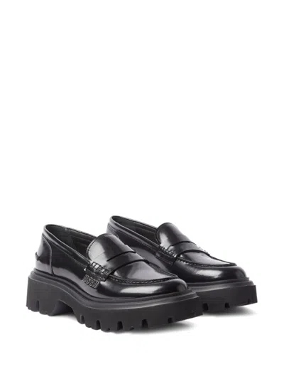 Msgm Polished Leather Penny Loafers In Black