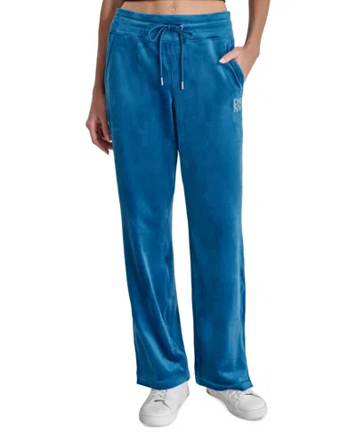 Dkny Women's Velour Rhinestone-logo Side-slit Track Pants In Poseidon
