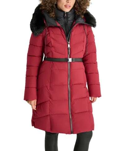 Dkny Women's Bibbed Faux-fur-trim Hooded Puffer Coat In Tibetan