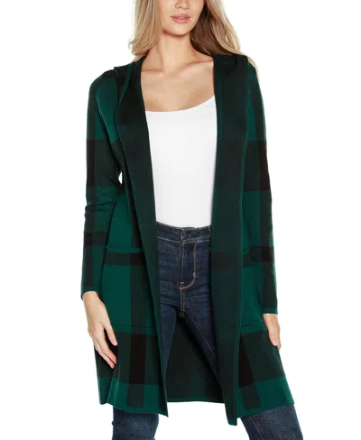 Belldini Women's Hooded Plaid Coatigan Sweater In Deep Emerald,black