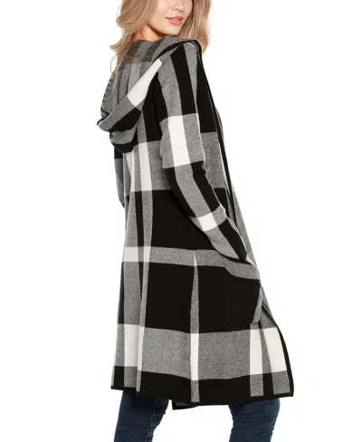 Belldini Women's Hooded Plaid Coatigan Sweater In Deep Emerald,black