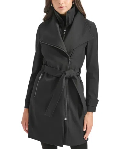 Calvin Klein Petite Belted Long-sleeve Wrap Coat In Black