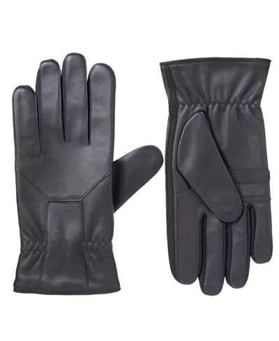 Isotoner Signature Men's Water Repellent Genuine Leather Touchscreen Stretch Gloves In Black