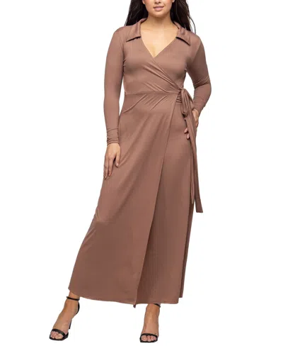 24seven Comfort Apparel Women's Comfortable Collared Wrap Maxi Dress In Mocha