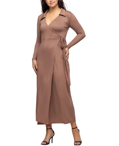 24SEVEN COMFORT APPAREL WOMEN'S COMFORTABLE COLLARED WRAP MAXI DRESS 