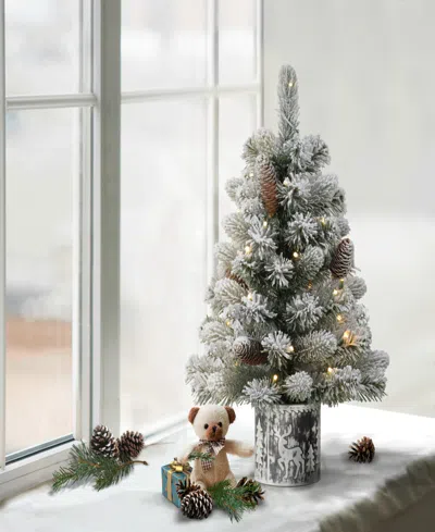 Puleo Pre-lit Flocked Table Top Artificial Christmas Tree With 35 Lights In Metal Pot, 2' In Green