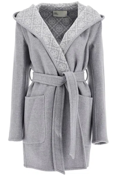 Shop Tory Burch Mid-length Coat With Hood In Gray T Monogram (grey)