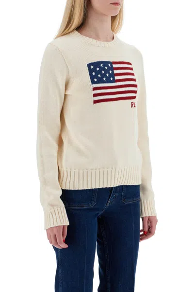 Shop Polo Ralph Lauren Cotton Pullover With Flag Design In Cream (white)