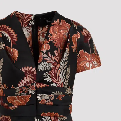 Etro Floral Embroidered Midi Dress With Short Sleeves In Black