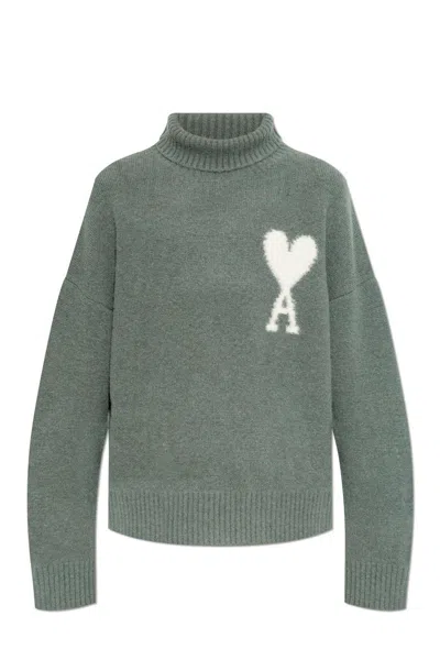 Shop Ami Alexandre Mattiussi Paris De Coeur High Neck Knitted Jumper In Argile Antique