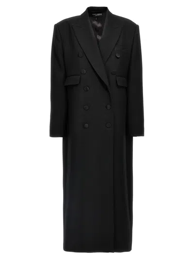Dolce & Gabbana Double-breasted Long Wool Coat And Pockets In Black