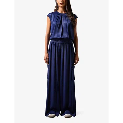 Ro&zo Womens Blue Elasticated-waist Wide-leg Satin Cargo Trousers In Blue
