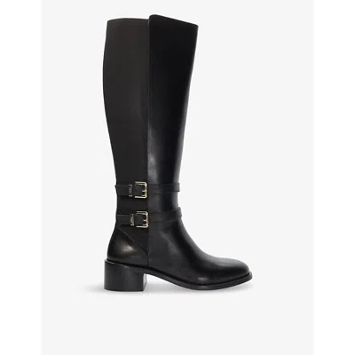 Dune Womens Black Leather Tatter Double-buckle Flat Leather Knee-high Boots In Black Leather