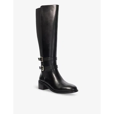Dune Womens Black Leather Tatter Double-buckle Flat Leather Knee-high Boots In Black Leather