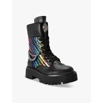 Kurt Geiger Womens  London Kensington Rainbow-weave Leather Combat Boots In Black/comb