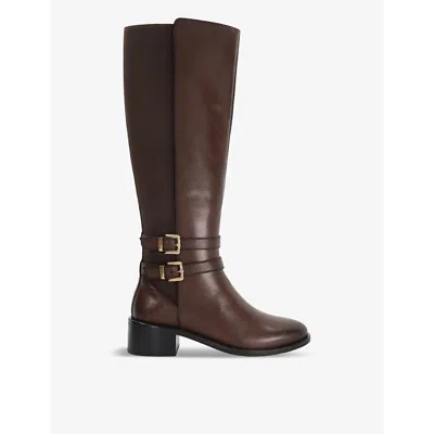 Dune Womens Brown Leather Tatter Double-buckle Flat Leather Knee-high Boots In Brown Leather